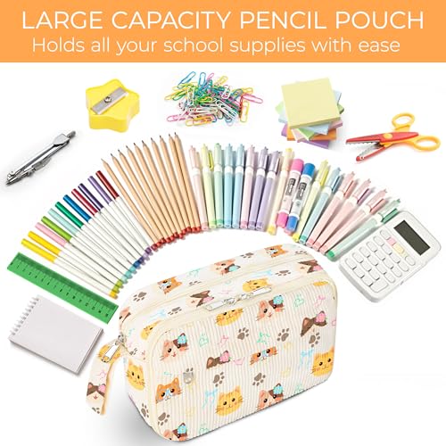 Image of WOBAGMEN Cute Pencil Case,Large Corduroy Zippered Pencil Case Pouch, aesthetic Pencil Bag with Compartments, Pencil Pouch School Supplies (HY-corduroy pc-cat)