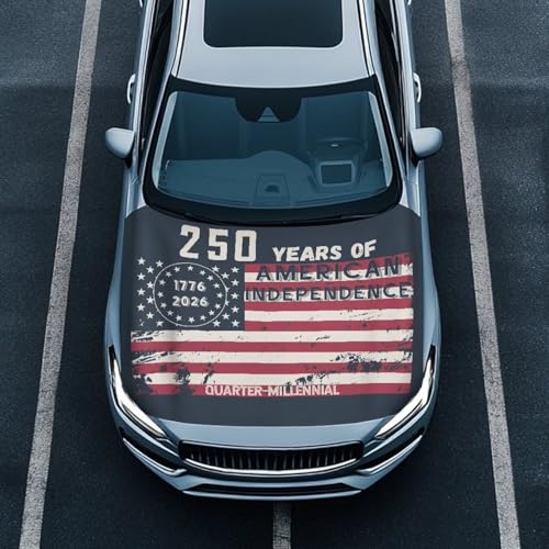 Image of 250 Years American Flag Print Car Hood Cover, Stretchable Breathable Automotive Hood Covers Protective Elastic Fabrics Car Hood Decoration and Protection Fit Truck Sedan SUV