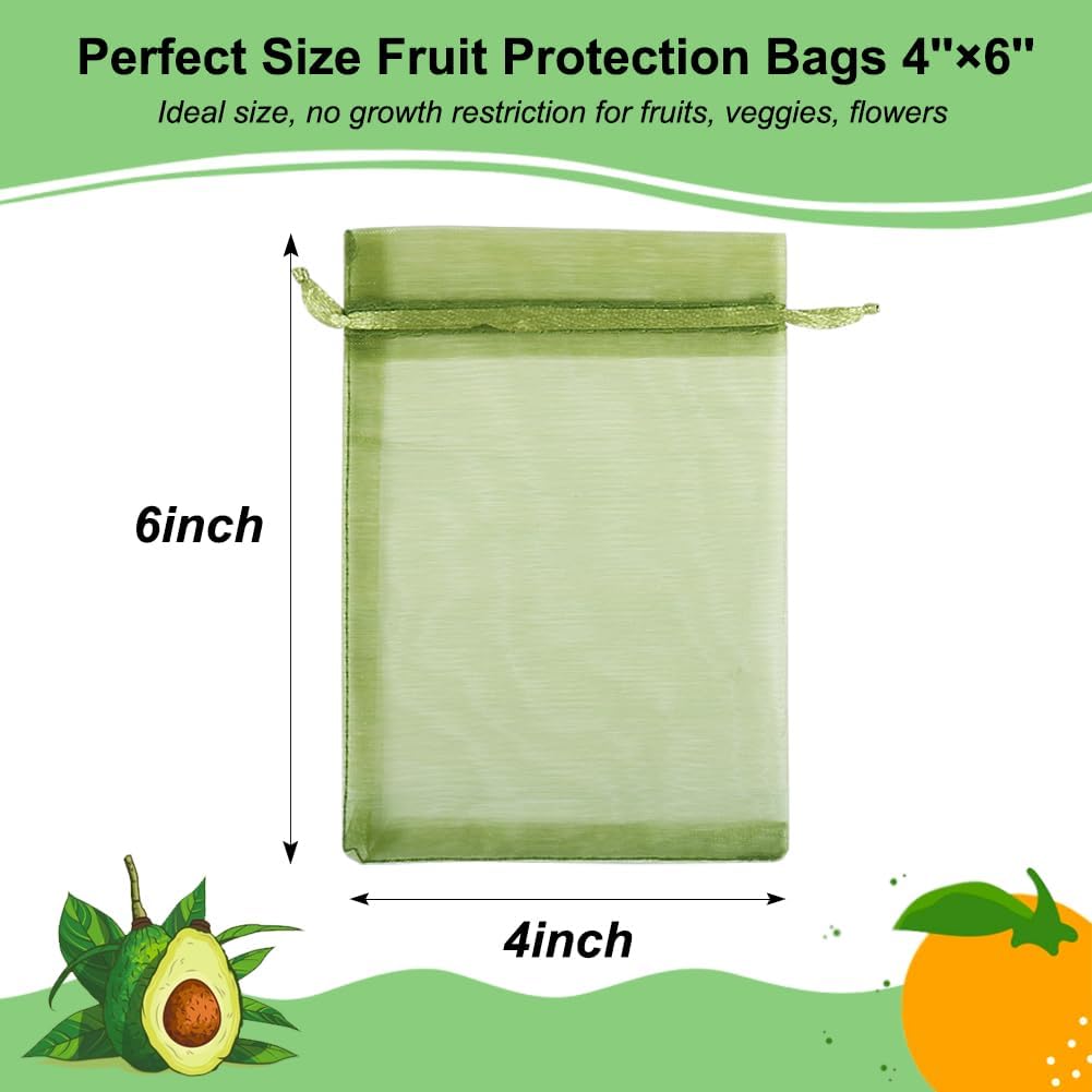 100 Pcs Fruit Protection Bags, 4''×6''Fruit Netting Bags for Fruit Trees, Green Fruit Cover Mesh Bag with Drawstring Netting Barrier Bags for Plant Fruit Flower and Vegetables