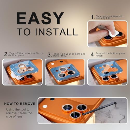 Image of Choiche Compatible for iPhone 17 Pro /iPhone 17 Pro Max Camera Lens Protector Bling, 9H Tempered Glass Camera Cover Screen Protector Metal Ring Decoration Accessories (Diamond-Orange)