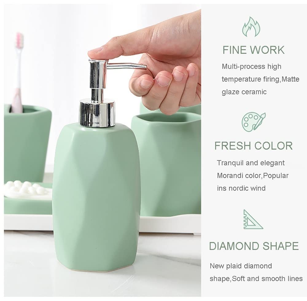 DSMYYXGS 5 Piezas Juego de Accesorios para Baño, Patrón de Diamante de Cerámica Mate, Porta Cepillos de Dientes/Jabonera/Dispensador de Jabón/Vaso para Enjuague Bucal (Color : Black)