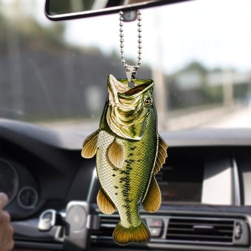 Talataca Fisherman Fishing Big Bass Fish Unique Idea 2D Flat Car Rear View Mirror Accessories Christmas Tree Ornament Decoration Hanging Charm Interior Rearview Pendant Decor Gift