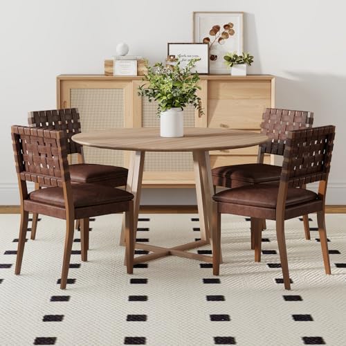 BESTANO Woven Faux Leather Dining Chairs Set of 4, Farmhouse Upholstered Kitchen Chairs with Wooden Legs Armless Accent Side Chairs for Dining Room/Restaurant, Brown