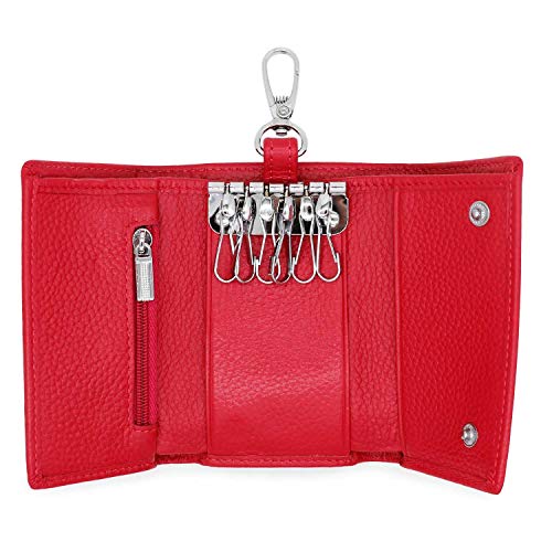 Genuine Leather Key Case Wallet with 6 Hooks & Snap Closure Key Organizer (Rose Red)2