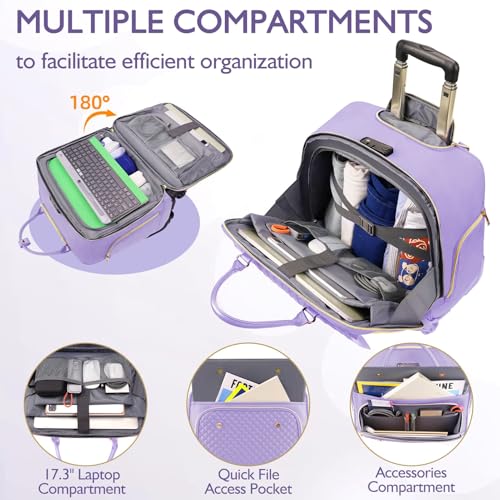 Image of Arcoyard Rolling Teacher Bag, Briefcase for Women with 4 Spinner Wheels, Roller Laptop Bag for Work with Leather Handle, Womens Travel Carry On, TSA Friendly Design, Purple