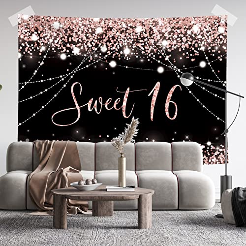Fondo para fiesta Sweet 16 en negro y rosa 7x5ft miniatura 4