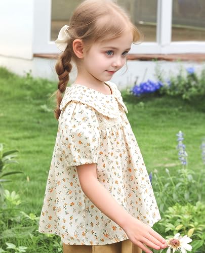 Image of Girls Summer Short Sleeve Tops Cute Ruffle Square Neck Peplum Shirts Casual Cotton Smocked Blouse 2-12 Y