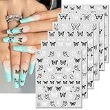 6 Sheets Butterfly Nail Art Stickers Decal 3D Self-Adhesive Nail Decals Holographic Black White Butterflies Star Nail Art Supplies Butterfly Designer Nail Stickers for Acrylic Nails Art Decorations