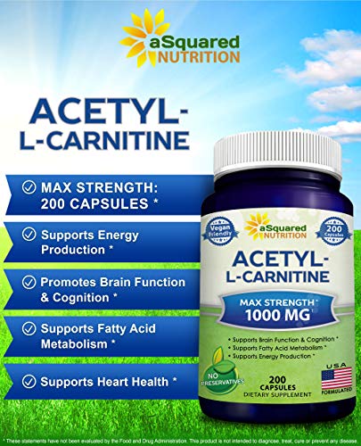 Acetyl L-Carnitine 1000Mg Max Strength - 200 Veggie Capsules - High Dosage Acetyl L Carnitine Hcl (Alcar) Supplement Pills To Support Pure Energy, Brain Function & Fatty Acid #TOP1