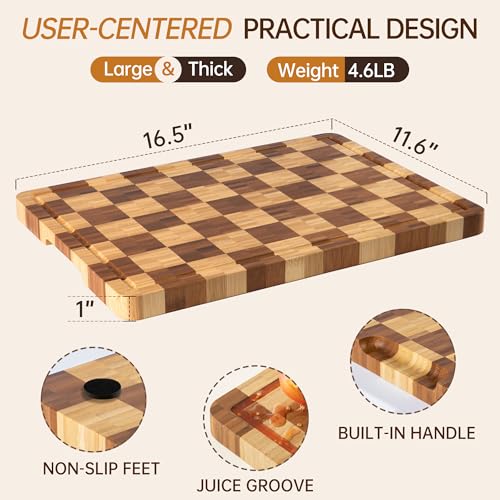 Image of Bamboo Cutting Boards for Kitchen, End Grain Wood Cutting Board with Juice Grooves & Handles, Charcuterie Checkered Chopping Board Thick Butcher Block Serving Tray with Gift Box, 16.5 inchx11.6 inchx 1 inch