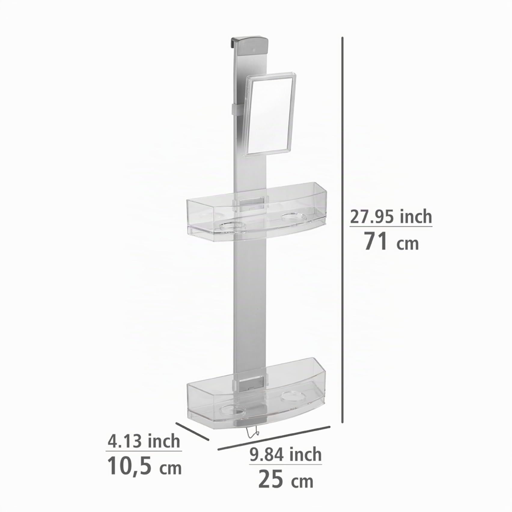 WENKO Duschcaddy Premium, Duschregal mit Antibeschlagspiegel, 2 Ablagen & Edelstahlhaken, einfaches Aufhängen an der Duschwand, Befestigung ohne bohren, aus Aluminium und Kunststoff, 25 x 71 x 10,5 cm