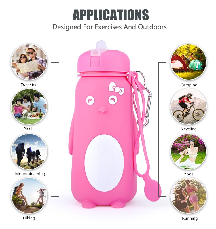 Wolobox Silicone Water Bottle Animal Penguin Water Bottle School Excursion Durable Practical and Original BPA Free Dishwasher Safe (Pink) - Image 4