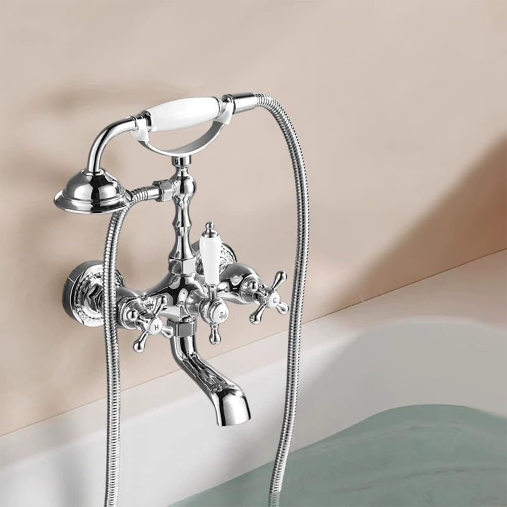 Grifo De Bañera Latón Dos Mandos Grifo De Ducha Con Ducha De Mano Retro Antique Estilo Montaje En Pared Mezclador De Baño Y Ducha, 150 Cm Manguera, Cromado