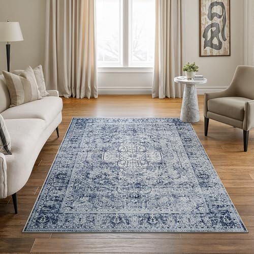 Bloom Rugs Washable Non-Slip 5' x 7' Rug - Ivory/Denim Blue Traditional Medallion Area Rug for Living Room, Bedroom, Dining Room, and Kitchen - Exact Size: 5' x 7'
