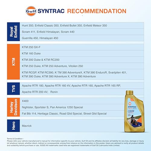Image of Gulf SYNTRAC 15W-50 4T API SP, JASO MA2 | Ester Technology | 2 Wheeler Bike Advanced 100% Full-Synthetic Engine Oil [1 L] - Pack of 1