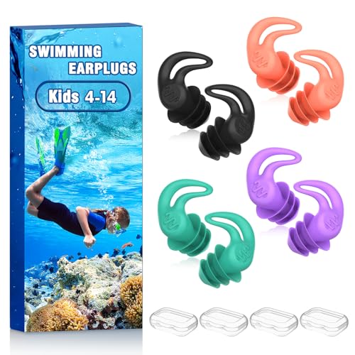 Waterproof Ear Plugs for Swimming Kids - 4 Pairs Reusable Silicone Swimming Ear Plugs for Children Ages 4-14, Keep Ear Water Out, Surfing, Bathing, Water Sports