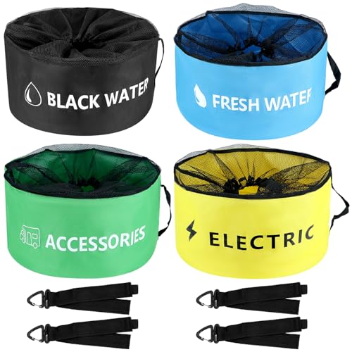 Image of QWORK 4-Pack Waterproof RV Hose Bag Storage - Includes Fresh Water, Black Water, Electrical & Accessories Bags - Heavy-Duty Breathable Mesh, Sewer Hose Storage Bag