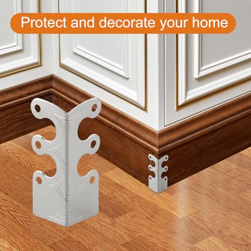 Image of 24Pcs Skiffers Baseboard Corner Protectors, Rustic Vintage Brass Metal Decorative Corner Protectors for Floor Skirting Board Furniture (Silver*24)