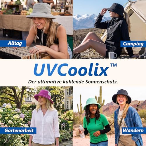 TOP-EX UPF 50 Sonnenhüte Damen mit Pferdeschwanz, Breiter Krempe Fischerhut für UV-Schutz, Wasserdicht regenhut, Atmungsaktiv Sommer-Mesh, Kinnriemen, Faltbar, Camping, Safari, Khaki L