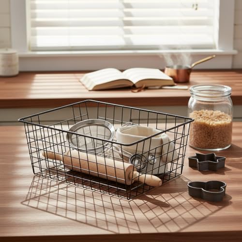 Kitchen-Metal-Wire-Baskets-Farmhouse-Decor-Metal-Food-Storage-OrganizerHousehold-Refrigerator-Bin-with-Built-in-Handles-for-CabinetsPantryBathroomBlack