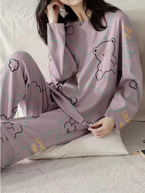 Image of Lunza Women's Cotton Blend Pajama Set, Short Sleeve T-Shirt and Shorts, Cute Bear Print Nightwear
