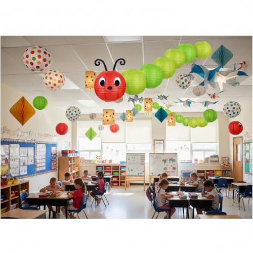 Image of Hortsun 7 Pcs Caterpillar Theme Birthday Decorations Caterpillar Paper Lanterns Sets for School Classroom Birthday Party Favors, with Eyes Mouth Feelers Glue Point (Assorted Colors)
