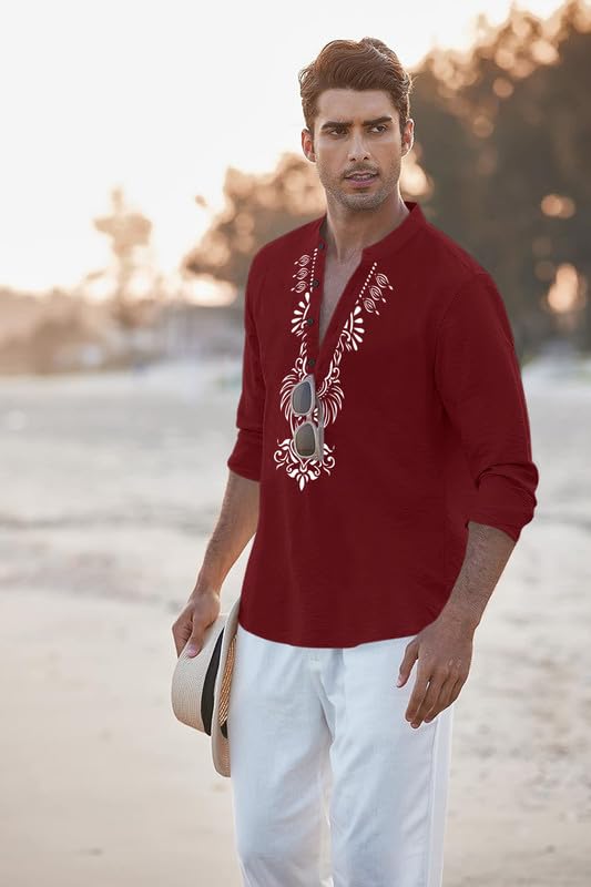 Image of FINIVO FASHION Men's Cotton Blend Short Kurta with Bold Printed Front Design | Full Sleeve Ethnic Casual Kurta with Mandarin Collar | Artistic Festival & Travel Wear for Modern Ethnic Style