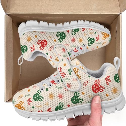 Christmas Deer Pattern Kids Tennis Shoes Breathable Running Shoes Walking Shoes Fashion Sneakers for Boys and Girls（White Sole）2