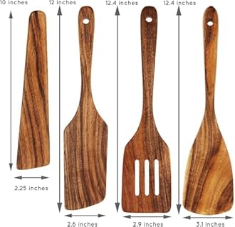 Wooden Spatula for Cooking, Teak Spatulas for Kitchen Use - Wooden Cooking Utensils Set of 4 including Paddle, Turner, Slotted Spurtle and Wood Scraper. Nonstick cookware.