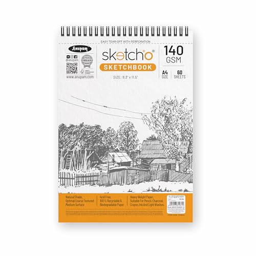 Image of Anupam Sketch-O A4 Sketchbook | 60 Sheets (120 Pages) | 140 GSM Acid-Free Drawing Paper | Professional-Grade Sheets | Top Spiral-Bound Sketch Pad for Artists & Professionals (Pack of 2)
