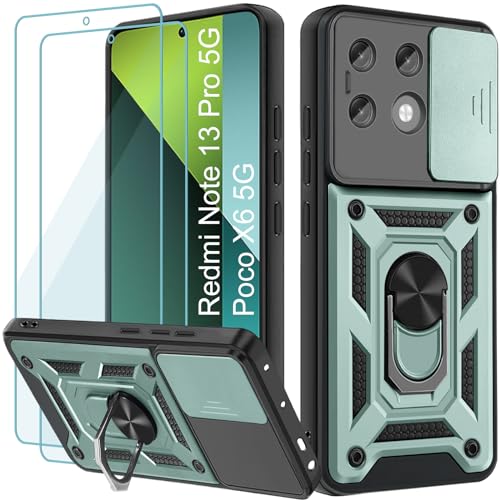 Yohii Funda para Xiaomi Poco X6/Funda Xiaomi Redmi Note 13 Pro 5G, con 2 Piezas Vidrio Templado, Cubierta De Cámara Deslizante, 360 Anillo Soporte PC y Silicona TPU Bumper Antigolpes Case, Verde