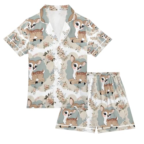 senya Cute Vintage Deer Satin Summer Pajama Sets Silk Short Sleeve Button Down Sleepwear