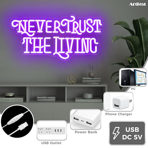 Image of Never Trust The Living Neon Sign Mysterious Purple LED Light for Room Wall Decor Halloween Party Chamber of Secrets Man Cave Room Gothic Letters Neon