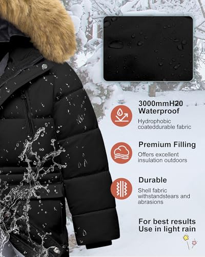 Image of Boy's Winter Coat Waterproof Kids Puffer Jacket Thicken Parka Fleece Lined Bubble Ski Snow Outerwear with Fur Hood