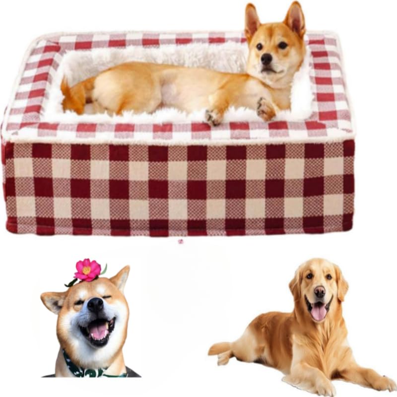 Tartan Cozy Dog Anti-Anxiety Calming Bed, Warm and comfortableClassic Tartan Cozy Dog Anti-Anxiety Calming Bed, Surrounded by a Supportive Foam Structure (Red, 25.59 * 19.69 * 6.3 in)