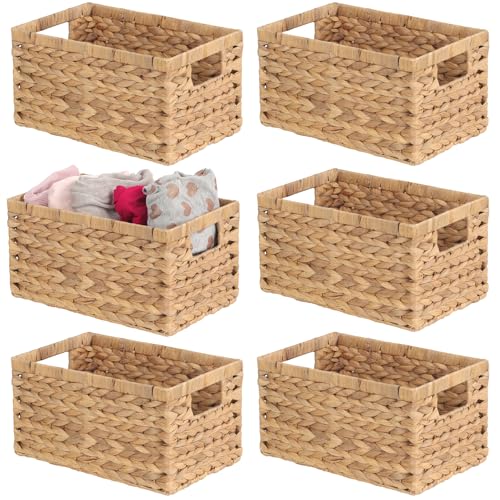 TimberWave Juego de 6 cestas de almacenamiento de mimbre, cestas de almacenamiento de jacinto de agua natural de 12.6 x 8 x 8 pulgadas, cesta rectangular Wowen para almacenamiento en baño, dormitorio,