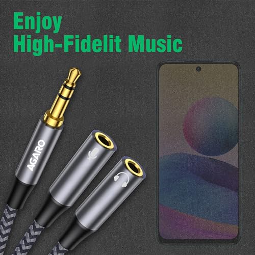 Image of AGARO Headphone Splitter TRRS Audio Splitter Headset AUX connector Adapter Y Splitter Cable Stereo Male to 2 Female Separate Compatible With PS4 X Box One Laptop Phone PC Gaming Headset Silver, 30 Cm