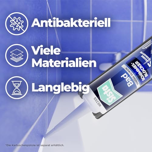 Sista Pattex Bad Silikon, Sanitärsilikon für neuen Glanz im Bad, Fugendichtmasse mit vielfachem Schimmelschutz, antibakterielle Dichtmasse für viele Materialien*, 1x280ml, weiß