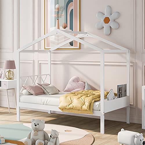 Twin House Bed, Tent Bed, Wood Bed Frame With Storage Space, For Kids Boys Girls Teens Adults – White #TOP11