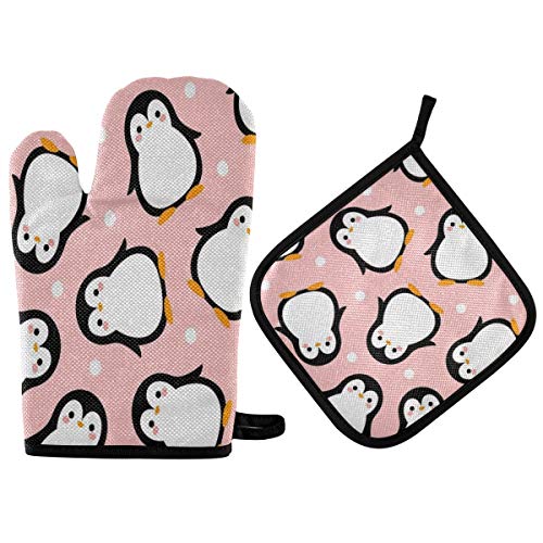 Funnyy Ofenhandschuhe und Topflappen, Set mit niedlichen Tieren, Pinguin, hitzebeständige Baumwolle, Ofenhandschuhe, rutschfest, waschbar, Topflappen zum Kochen, Küche, Grillen, Backen, Grillen Cover
