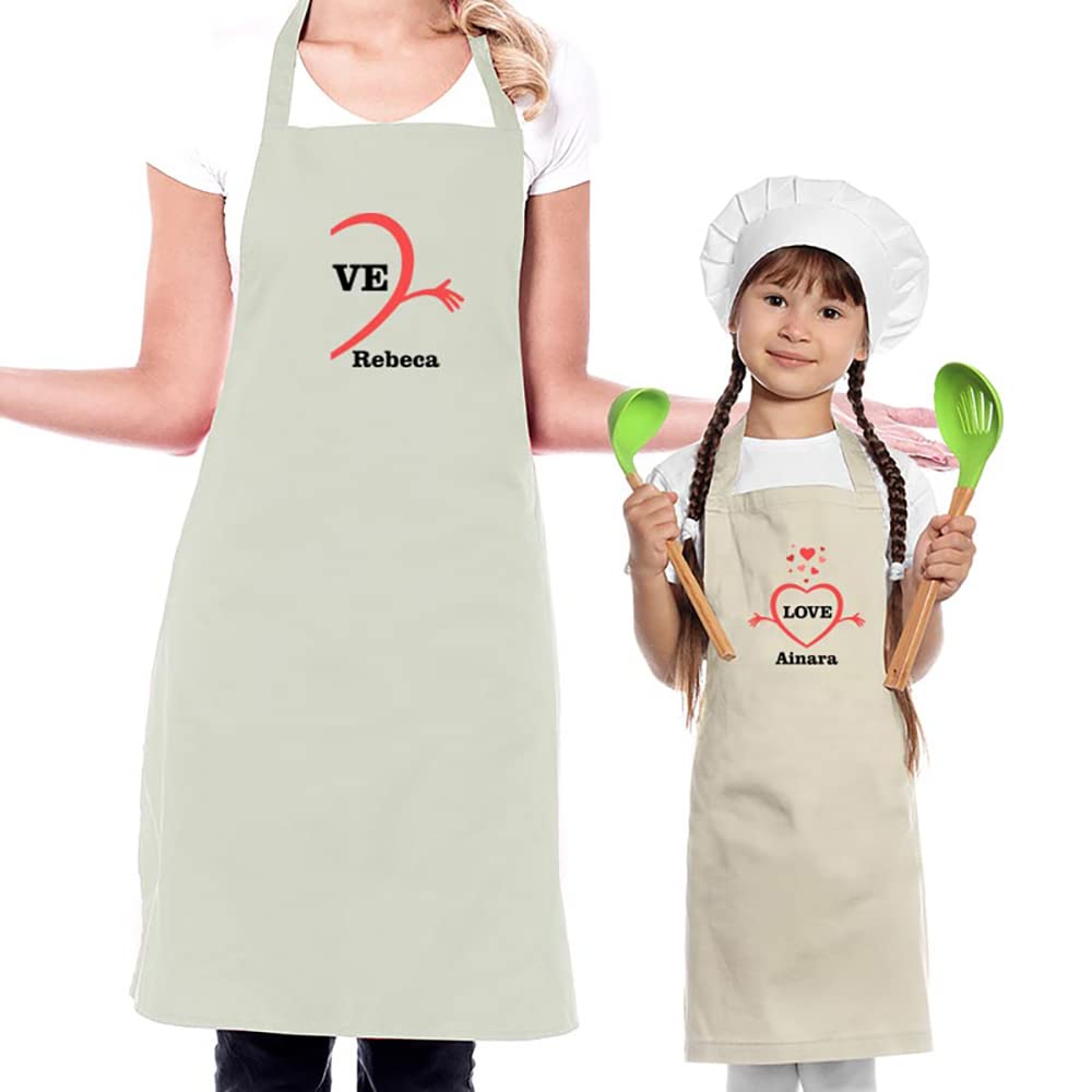 CALLE DEL REGALO Lot de tabliers de cuisine BIO brodés avec noms pour maman, père et enfant, beige, Taille Unique