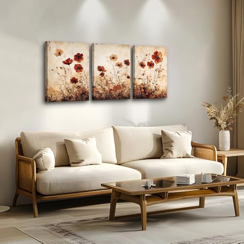 DZRWUBHS Boho Wall Decor For Living Room Canvas Wall Art For Bedroom Office Decorations Bathroom Wall Pictures Flowers Watercolour Paintings Modern Aesthetic Home Decor Artwork 3 Piece Ready To Hang