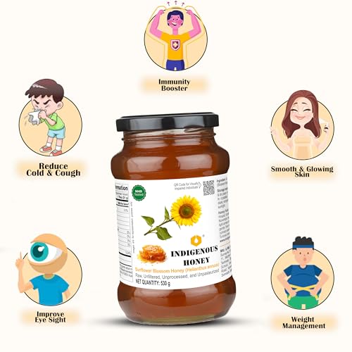 Image of INDIGENOUS HONEY Organic Sunflower Honey Raw Natural 17.64 oz Glass Jar | Pure Unfiltered unprocessed Monofloral Honey Natural No Added Sugar Pack of 1