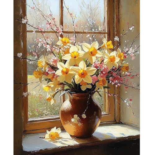 NEWENMO Belles Fleurs Peinture par Numero Adulte,Jonquilles et Fleurs de Cerisier Peinture Numero,Paint by Numbers,DIY Peinture à l'huile,Acryliques Bricolage Peintures Kits pour Maison Décor 30x40cm