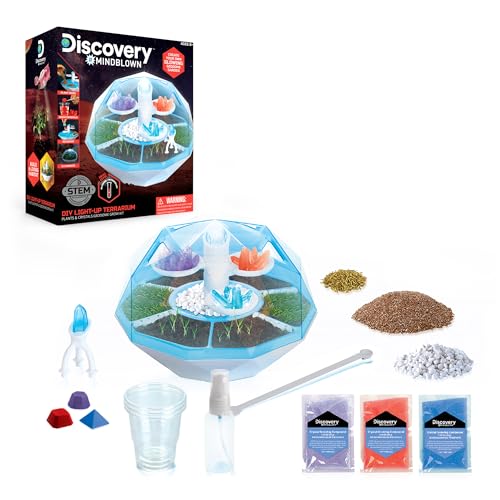 Discovery™ DIY Light-Up LED Terrarium - Plants & Crystals Geodome Grow Kit, 3 Colorful Crystal Formations, Rye Grass, Education STEM Activity Set, Indoor Science Experiment, Chemistry Gift