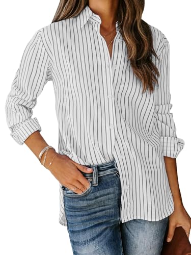 Image of siliteelon Striped Button Down Shirts Women Cotton Long Sleeve Work Blouses
