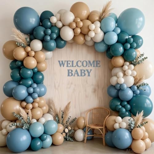 Image of Dusty Blue Tan Balloon Garland Double Stuffed Pastel Blue Brown Balloons | Nude White Sand Latex Balloons Arch Kit for Neutral Birthday Baby Shower Gender Reveal Bridal Wedding Bear Party Decorations