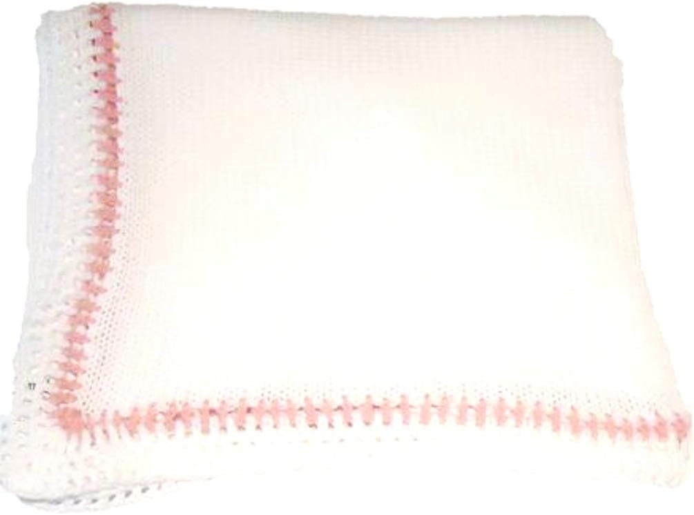 Sona Knitted Crochet Finished White Cotton Raspberry Trim Large Baby Blanket