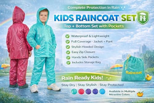 Image of Kids Raincoat with Pants | Waterproof PVC Rainwear Set with Hood & Pockets | Lightweight Full-Length Rain Suit for Boys & Girls | Includes Carry Bag (Pack of 1)