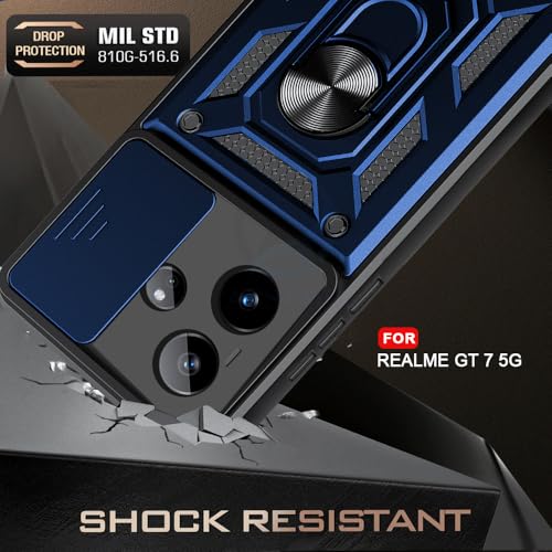 Image of AESTMO Tough Armor Realme GT 7 5G / Realme GT 7T 5G / GT 7 Dream Edition Bumper Back Case Cover | Ring Holder & Sliding Camera Shield Cover | 360 Degree Protection Back Case Cover (Blue)